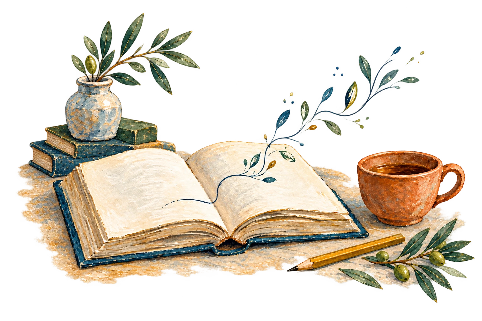An open book, pencil, cup of tea, and olive leaves on a quiet writing table.