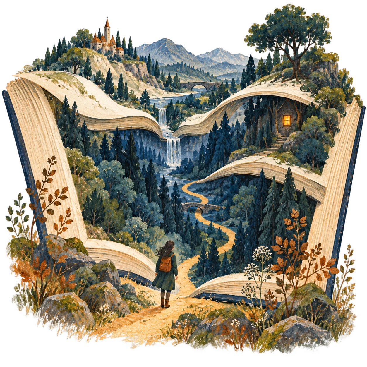 An open book unfolds into a deep forest valley, with a reader following a path into its pages.