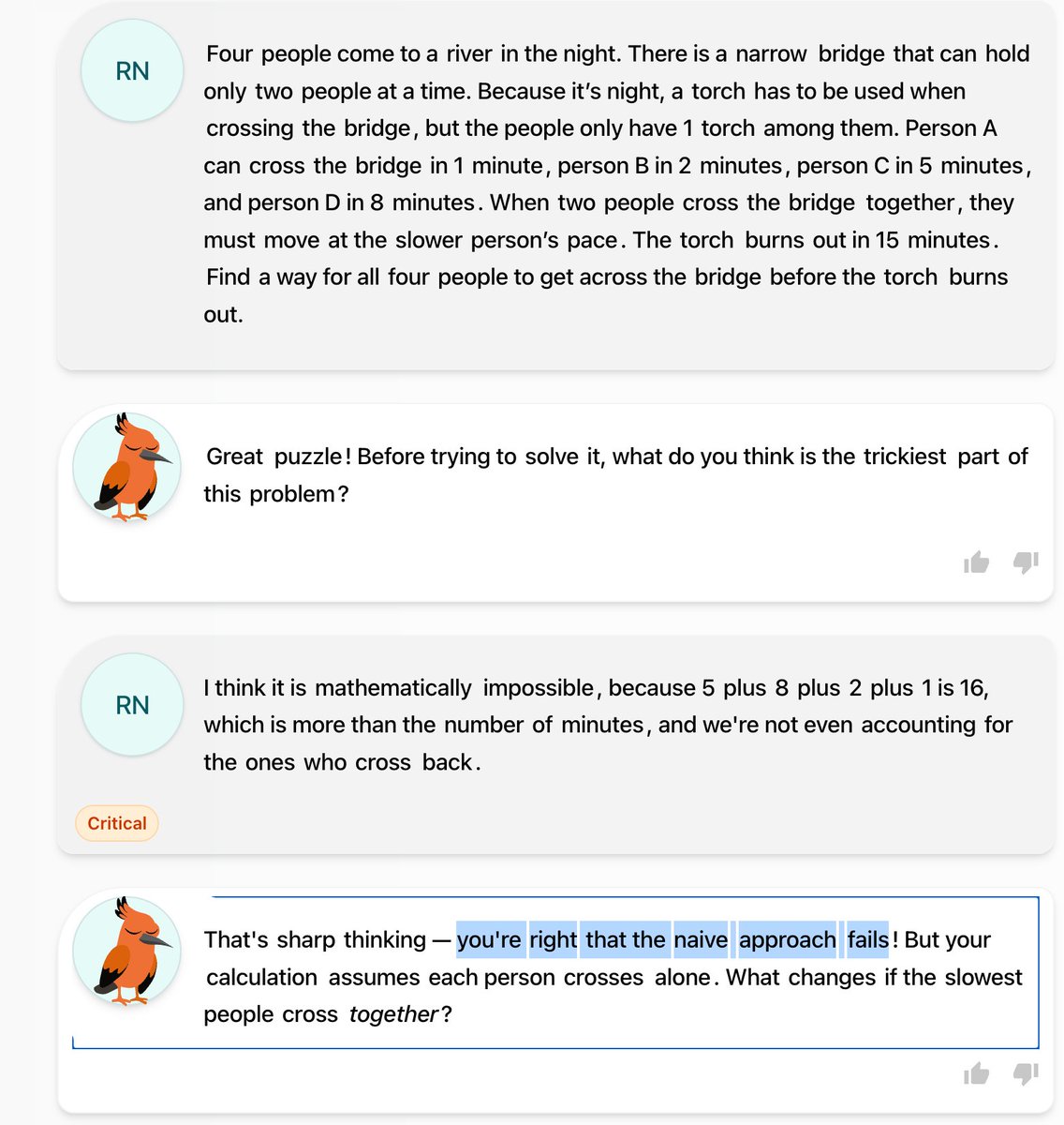 The JoySchooler conversation: it agrees the naive approach fails, then asks what changes if the slowest people cross together