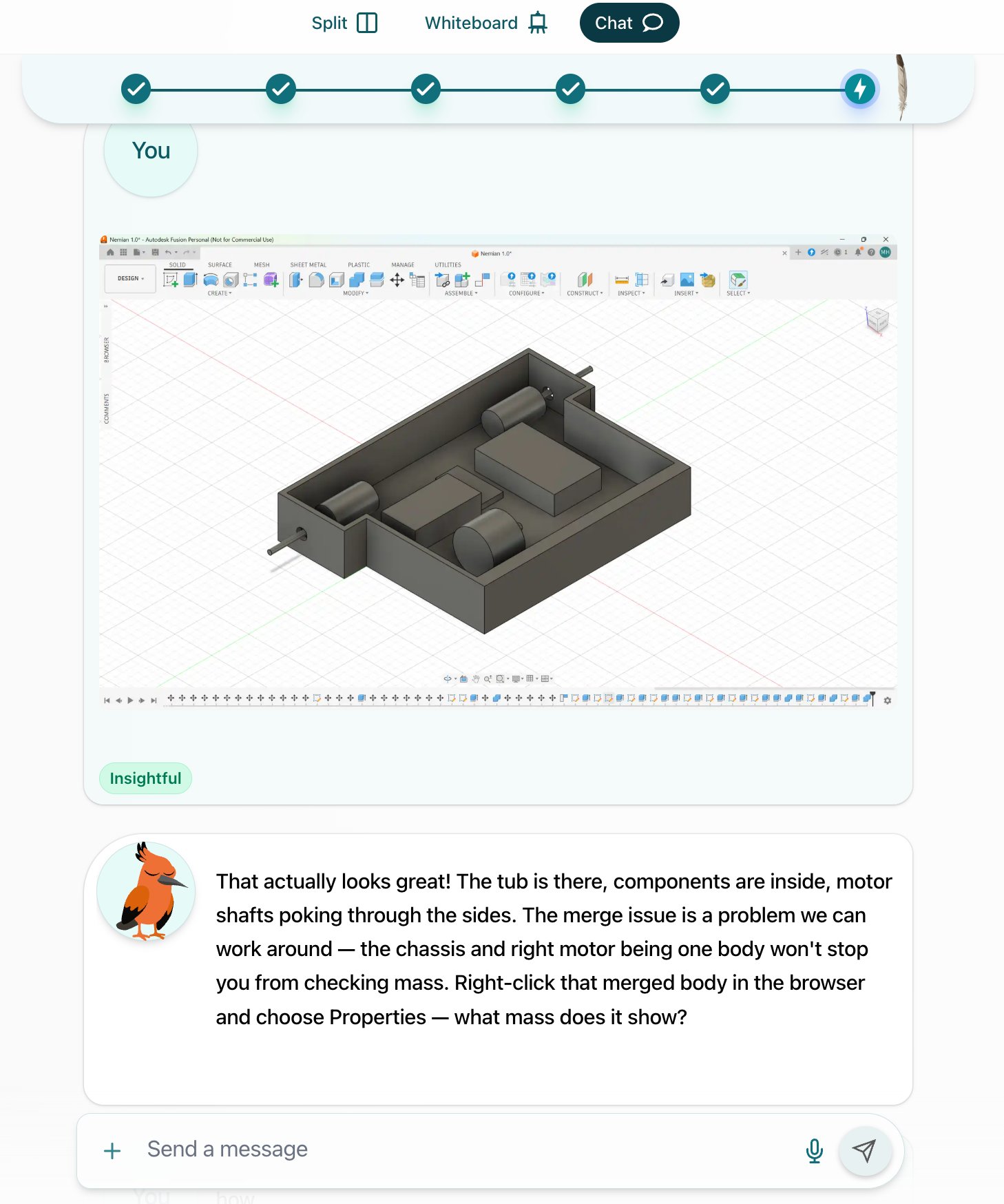 His chassis design shared into the lesson chat, and the guide's reply about the merged body and checking its mass